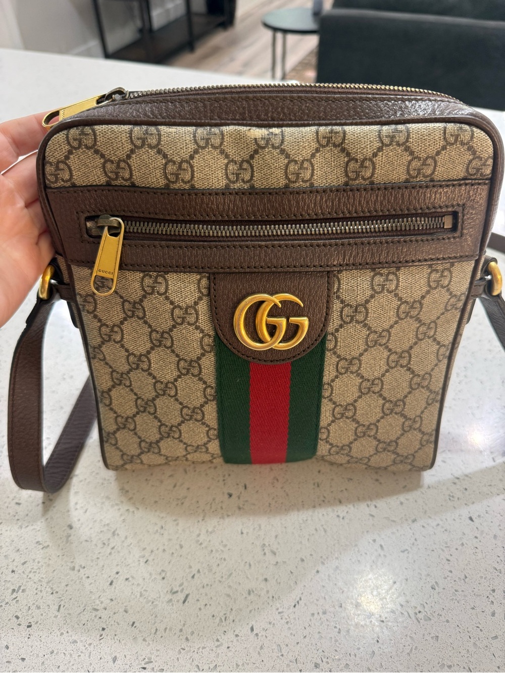 Gucci Brown GG Supreme Crossbody with Green-Red Web and Gold Hardware